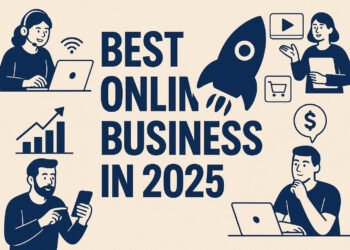 Flat-style illustration showing people working online, growth charts, and digital tools with the text “Best Online Business in 2025” and a rocket icon