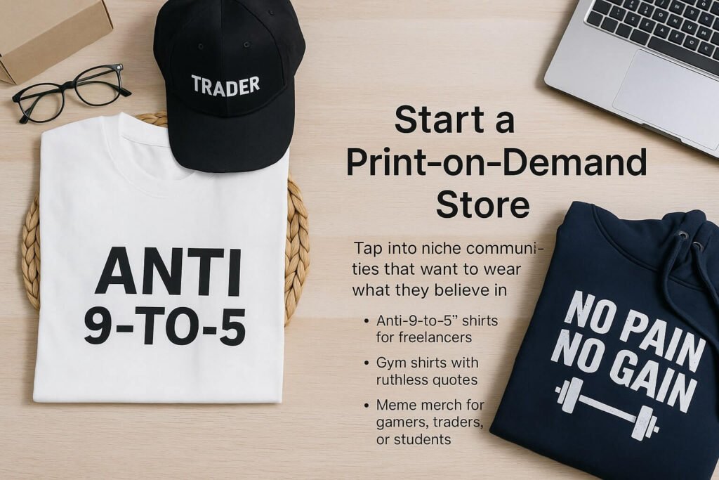 Flat lay of print-on-demand products including an “ANTI 9-TO-5” t-shirt, “NO PAIN NO GAIN” hoodie, and “TRADER” hat alongside a laptop and glasses—representing digital business models in e-commerce.