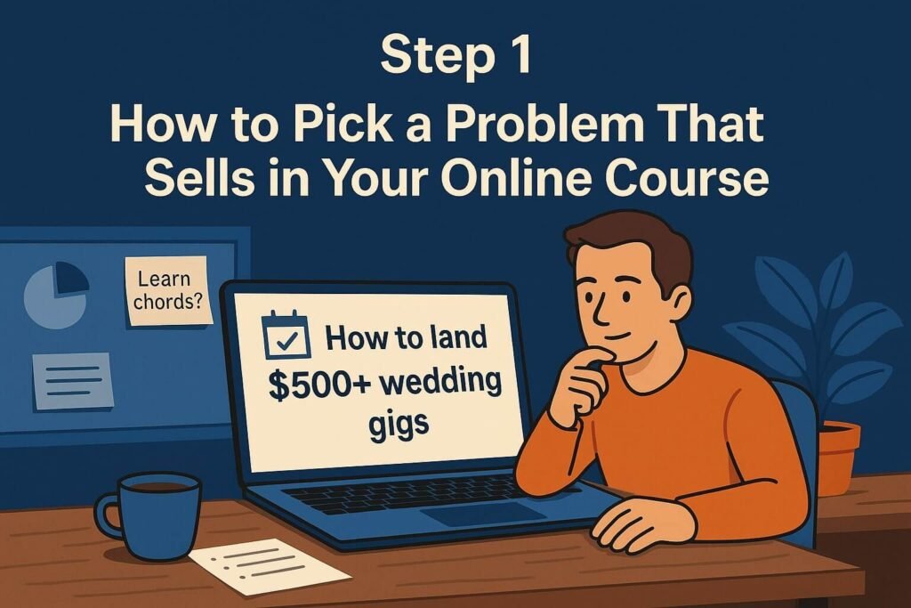Illustration of a man researching course ideas on a laptop showing “How to land $500+ wedding gigs” next to a sticky note saying “Learn chords?”—highlighting how to create and sell an online course with a clear, results-driven topic.