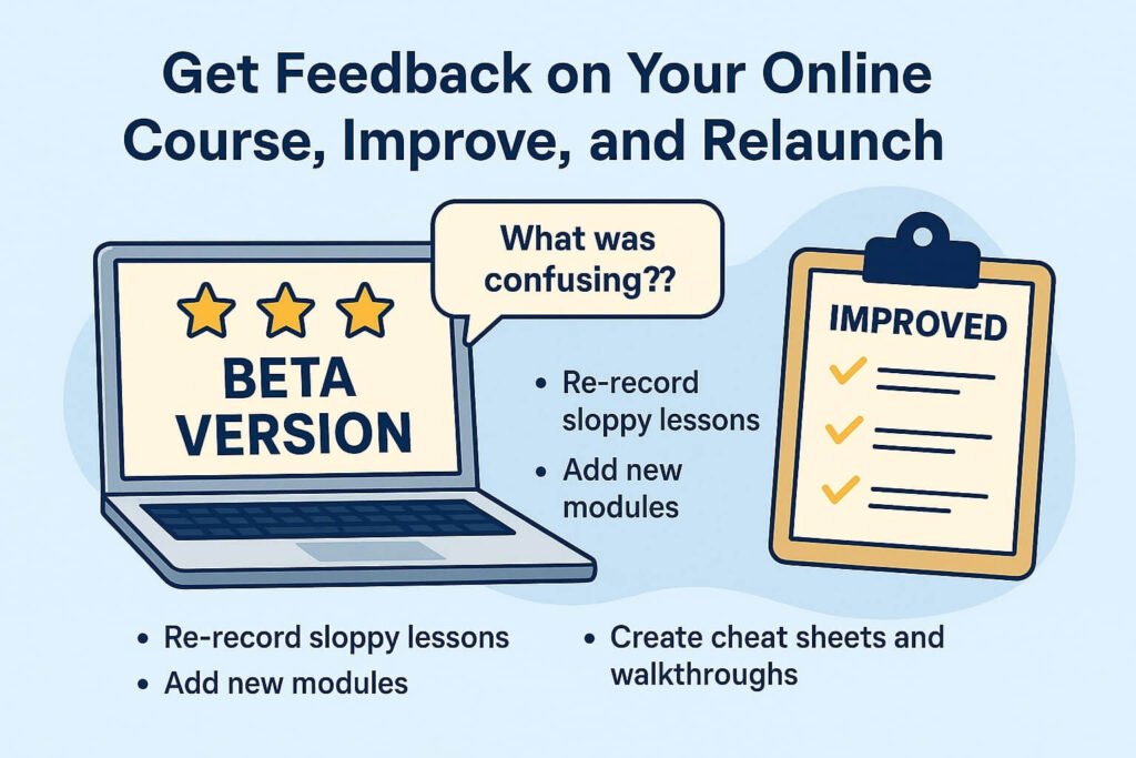 Illustration showing a “Beta Version” of a course on a laptop, feedback bubbles, and an “Improved” checklist for relaunching online courses.