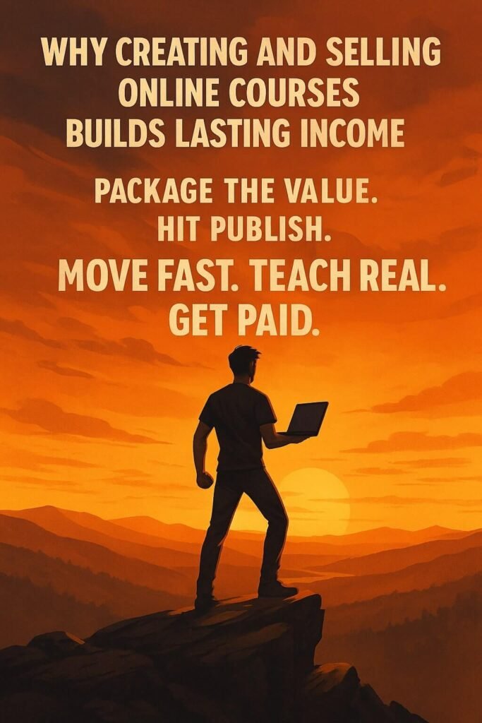 Motivational poster of a man standing on a mountain at sunset with a laptop, facing bold text about creating and selling online courses.