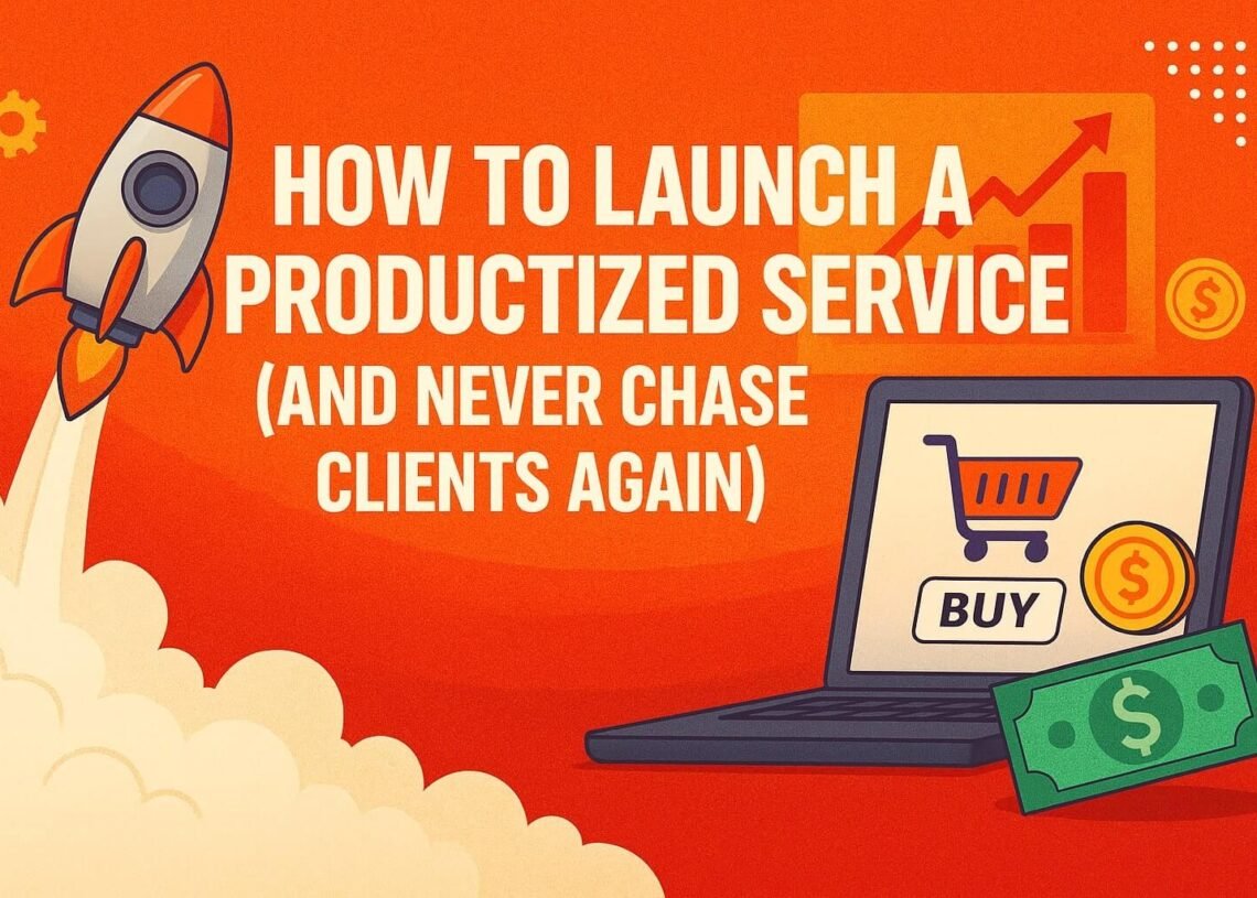 How to Launch a Productized Service (And Never Chase Clients Again)” on a vivid orange background.