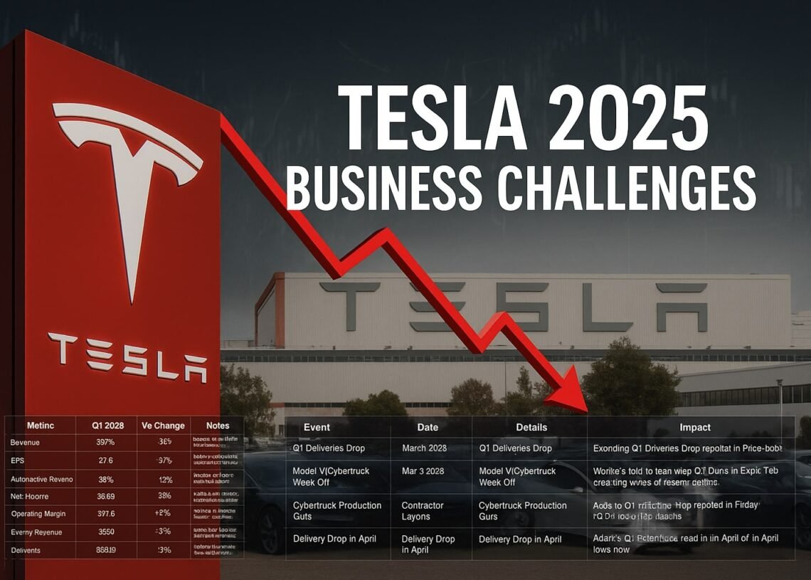 Tesla 2025 business challenges visualized through financial tables, a stock dip chart, and the Tesla Fremont factory backdrop.