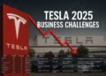 Tesla 2025 business challenges visualized through financial tables, a stock dip chart, and the Tesla Fremont factory backdrop.