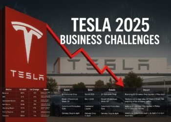 Tesla 2025 business challenges visualized through financial tables, a stock dip chart, and the Tesla Fremont factory backdrop.