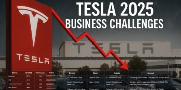 Tesla 2025 business challenges visualized through financial tables, a stock dip chart, and the Tesla Fremont factory backdrop.