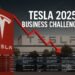 Tesla 2025 business challenges visualized through financial tables, a stock dip chart, and the Tesla Fremont factory backdrop.