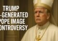 Donald Trump portrayed as the Pope with bold text reading “Trump AI-Generated Pope Image Controversy”