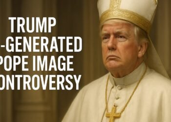 Donald Trump portrayed as the Pope with bold text reading “Trump AI-Generated Pope Image Controversy”