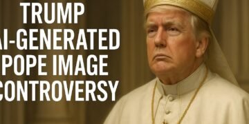 Donald Trump portrayed as the Pope with bold text reading “Trump AI-Generated Pope Image Controversy”