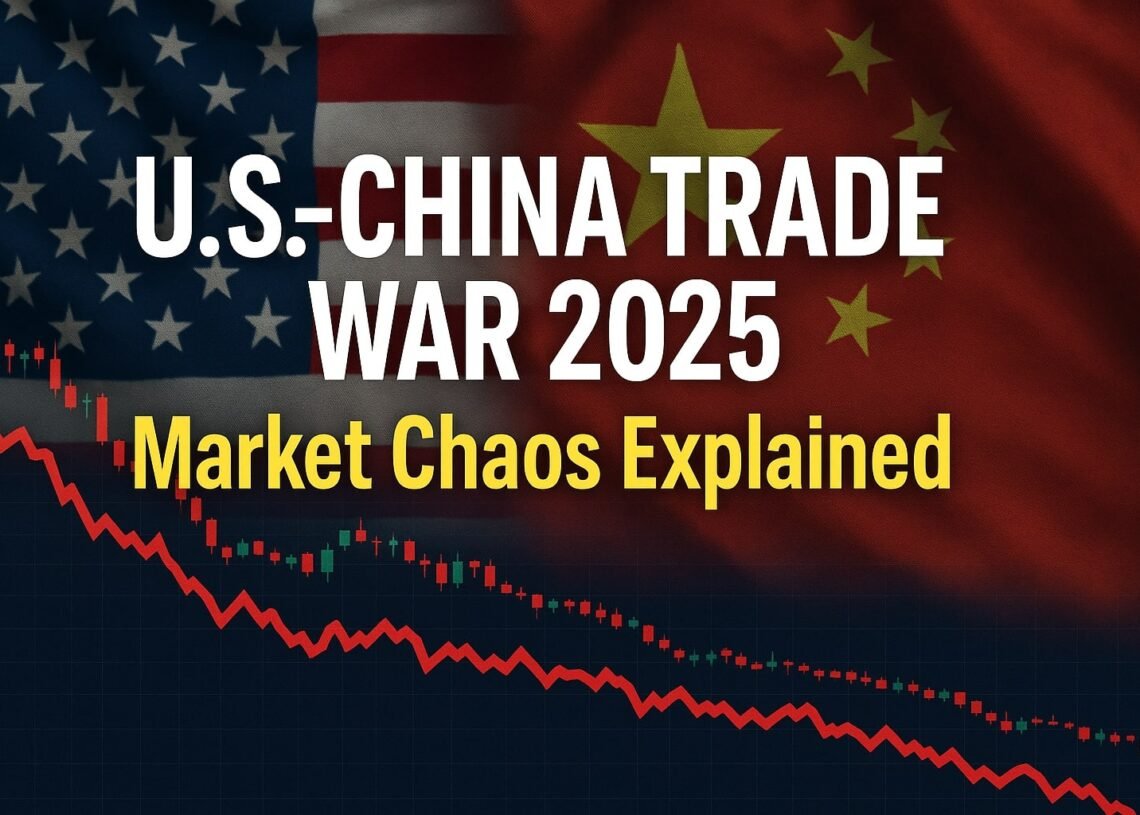 Flags of the U.S. and China with a crashing stock market graph and bold title “U.S.-China Trade War 2025: Market Chaos Explained."