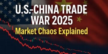 Flags of the U.S. and China with a crashing stock market graph and bold title “U.S.-China Trade War 2025: Market Chaos Explained."