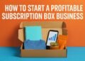 Open subscription box with product samples and a phone showing business growth.