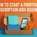 Open subscription box with product samples and a phone showing business growth.