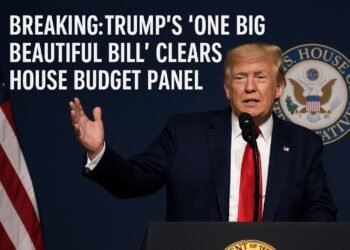 Donald Trump speaking at a podium with U.S. House of Representatives seal and American flag in background, announcing the “One Big Beautiful Bill.”