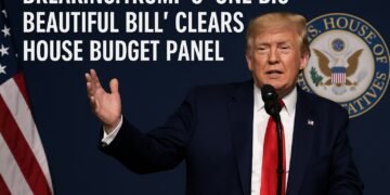 Donald Trump speaking at a podium with U.S. House of Representatives seal and American flag in background, announcing the “One Big Beautiful Bill.”