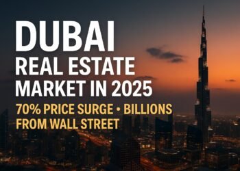Burj Khalifa at sunset with bold text highlighting Dubai’s 2025 real estate boom and Wall Street investment.