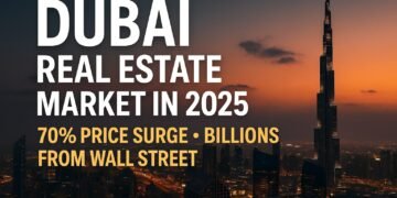 Burj Khalifa at sunset with bold text highlighting Dubai’s 2025 real estate boom and Wall Street investment.
