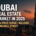 Burj Khalifa at sunset with bold text highlighting Dubai’s 2025 real estate boom and Wall Street investment.