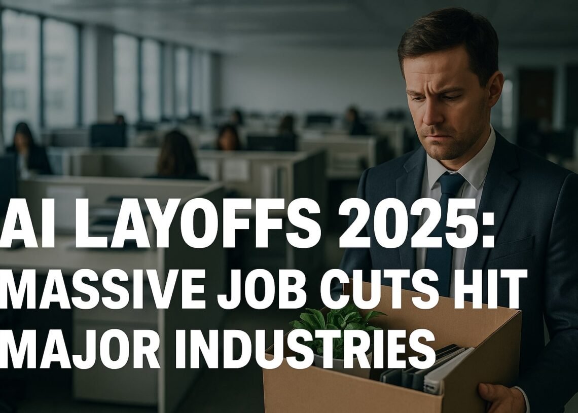 AI Layoffs 2025 breaking news headline with digital job cut visuals and corporate collapse themes
