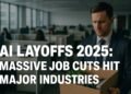 AI Layoffs 2025 breaking news headline with digital job cut visuals and corporate collapse themes