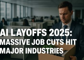 AI Layoffs 2025 breaking news headline with digital job cut visuals and corporate collapse themes