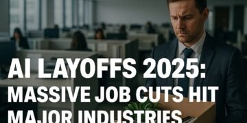 AI Layoffs 2025 breaking news headline with digital job cut visuals and corporate collapse themes
