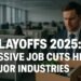 AI Layoffs 2025 breaking news headline with digital job cut visuals and corporate collapse themes