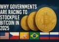 Bitcoin coins in front of world map with flags of the U.S., Czech Republic, Bhutan, Brazil, and Russia, symbolizing global Bitcoin reserve race in 2025.