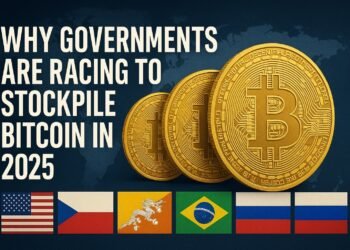 Bitcoin coins in front of world map with flags of the U.S., Czech Republic, Bhutan, Brazil, and Russia, symbolizing global Bitcoin reserve race in 2025.