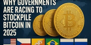 Bitcoin coins in front of world map with flags of the U.S., Czech Republic, Bhutan, Brazil, and Russia, symbolizing global Bitcoin reserve race in 2025.