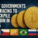 Bitcoin coins in front of world map with flags of the U.S., Czech Republic, Bhutan, Brazil, and Russia, symbolizing global Bitcoin reserve race in 2025.