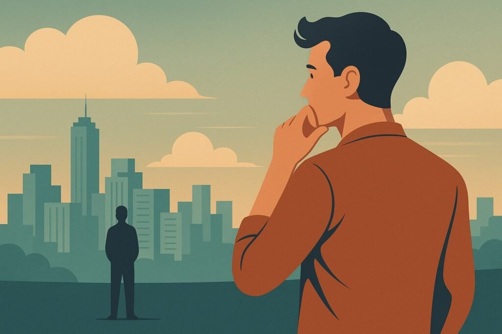 Stylized cityscape illustration with a thoughtful figure in the foreground—symbolizing moving from hustle to system-driven success.