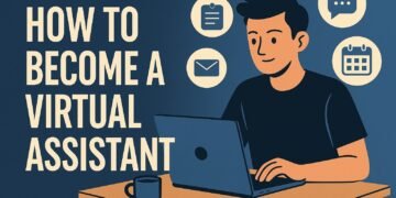 Illustration of a virtual assistant working at a desk with icons showing communication, scheduling, and organization tasks, alongside the bold text “How to Become a Virtual Assistant.”