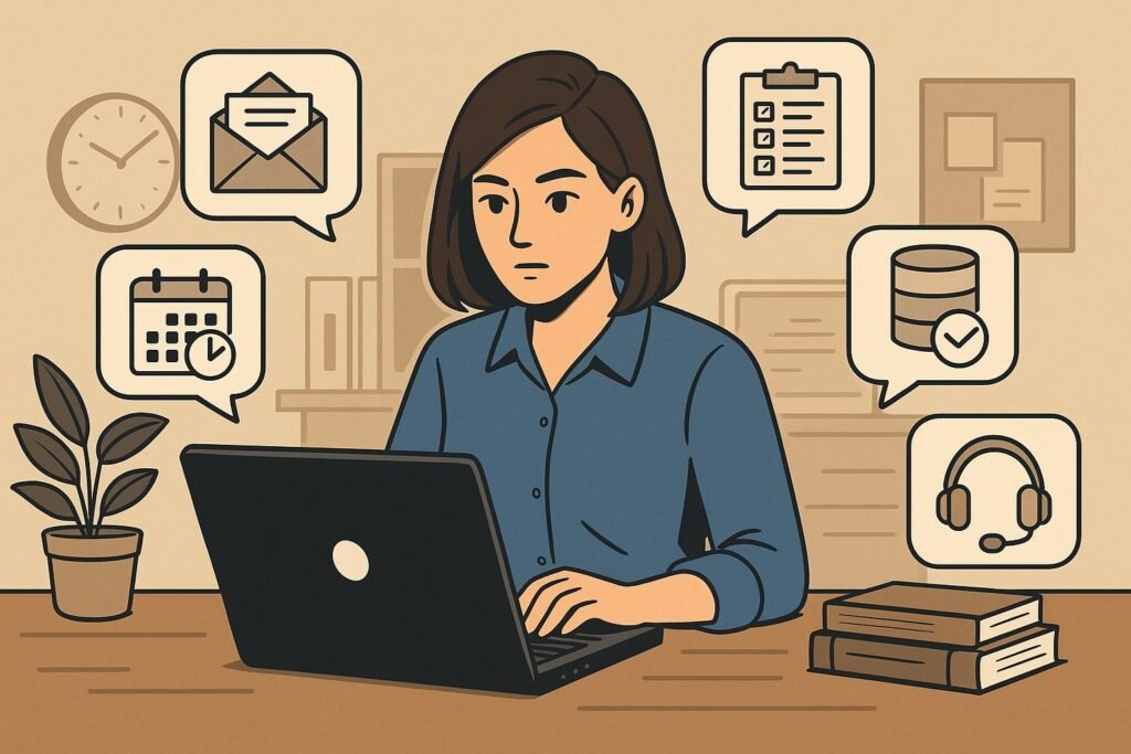 Illustration of a virtual assistant at a laptop with speech-bubble icons for email, calendar, checklist, database, headset, and social media, representing core VA tasks.