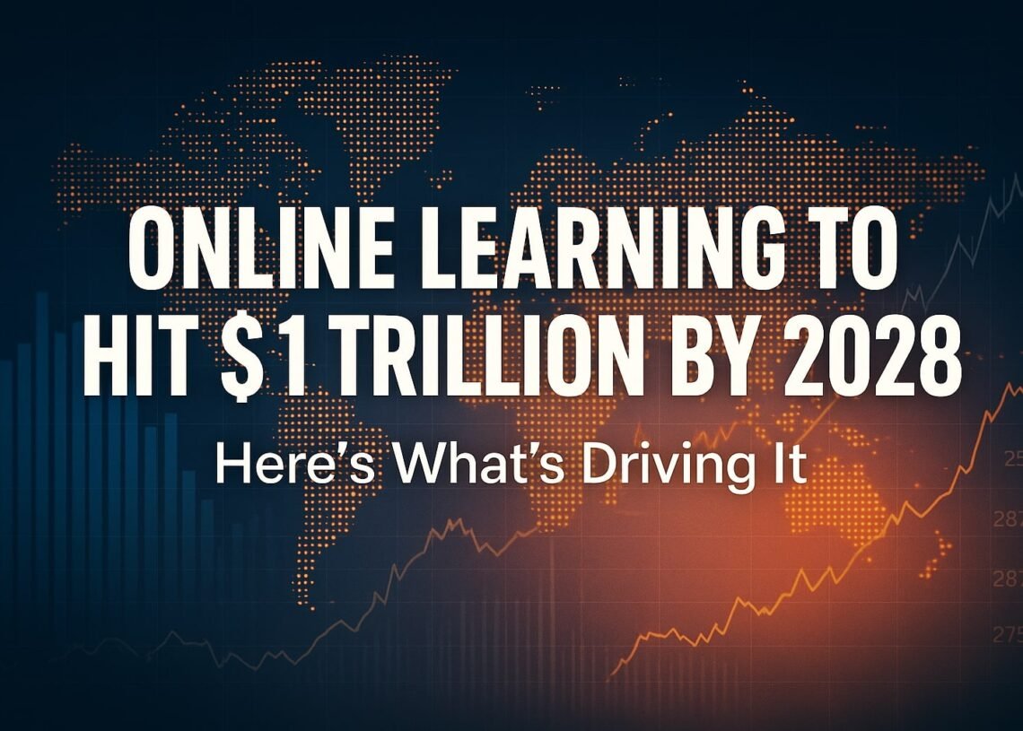 World map and rising graph visual with headline: Online Learning to Hit $1 Trillion by 2028