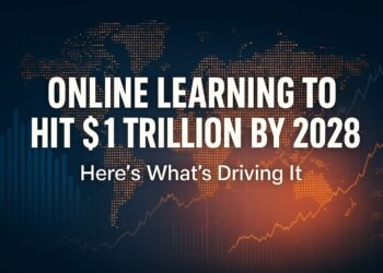 World map and rising graph visual with headline: Online Learning to Hit $1 Trillion by 2028