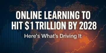 World map and rising graph visual with headline: Online Learning to Hit $1 Trillion by 2028