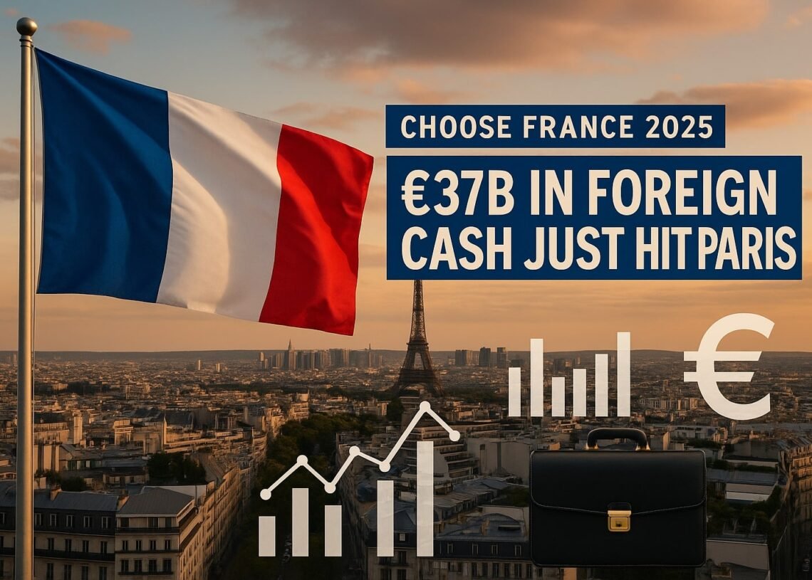 Wide-angle image of Paris with French flag, Eiffel Tower, and financial graphics representing €37B in foreign investment during Choose France 2025.