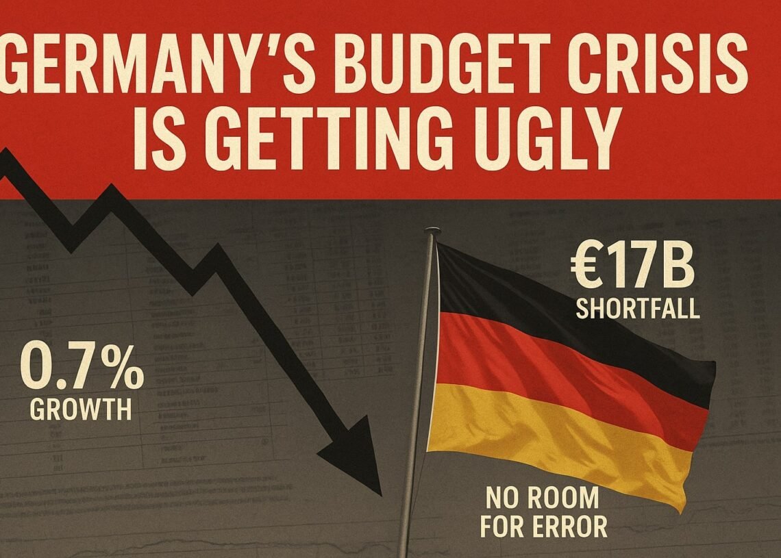 Germany budget crisis visual showing downward graph, €17B shortfall, and 0.7% growth with German flag.