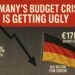 Germany budget crisis visual showing downward graph, €17B shortfall, and 0.7% growth with German flag.