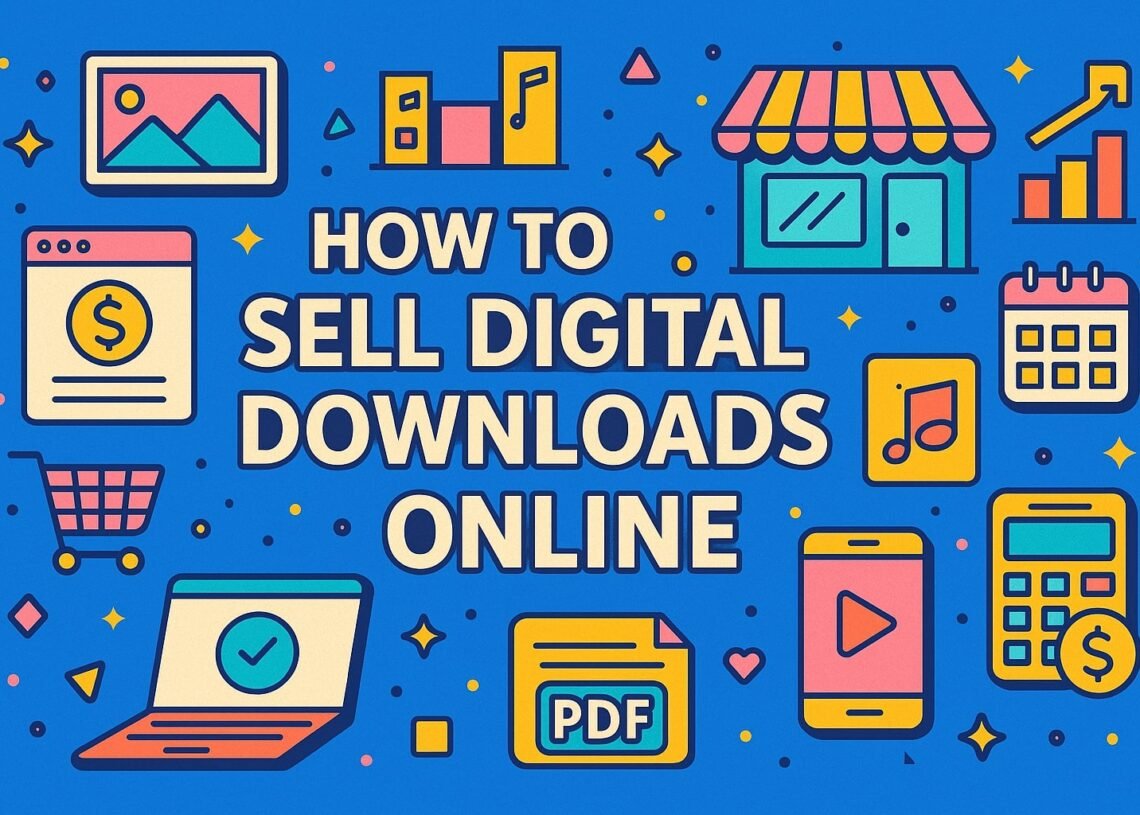 Illustration showing how to sell digital downloads online with icons of ecommerce, PDFs, music, video, and shopping carts