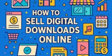 Illustration showing how to sell digital downloads online with icons of ecommerce, PDFs, music, video, and shopping carts