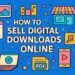 Illustration showing how to sell digital downloads online with icons of ecommerce, PDFs, music, video, and shopping carts