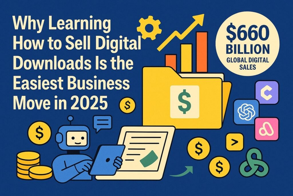 Illustration showing why learning how to sell digital downloads is the smartest business move in 2025 with visuals of AI tools, growth charts, money icons, and digital files.