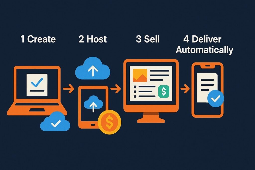 Visual flowchart showing how to sell digital downloads: create, host, sell, and deliver automatically