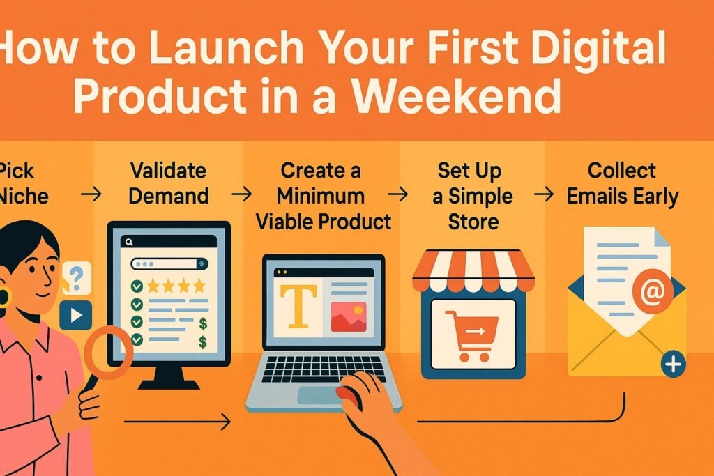 Step-by-step infographic showing how to launch your first digital product: pick niche, validate demand, build MVP, set up store, and collect emails