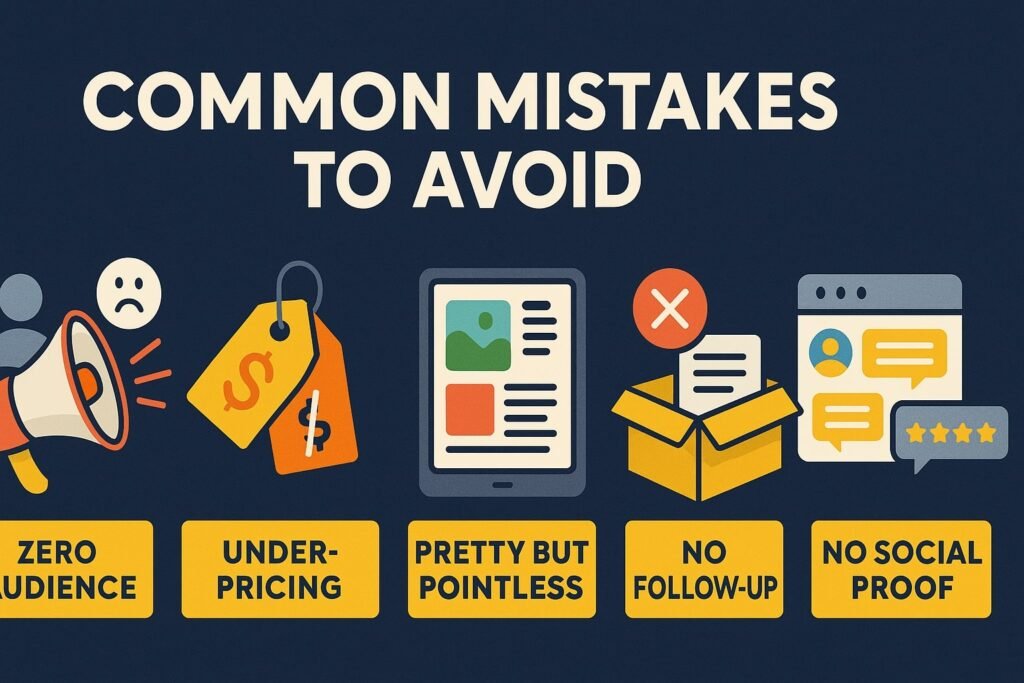 Infographic showing common mistakes to avoid when selling digital downloads: zero audience, underpricing, poor product focus, no follow-up, and no social proof