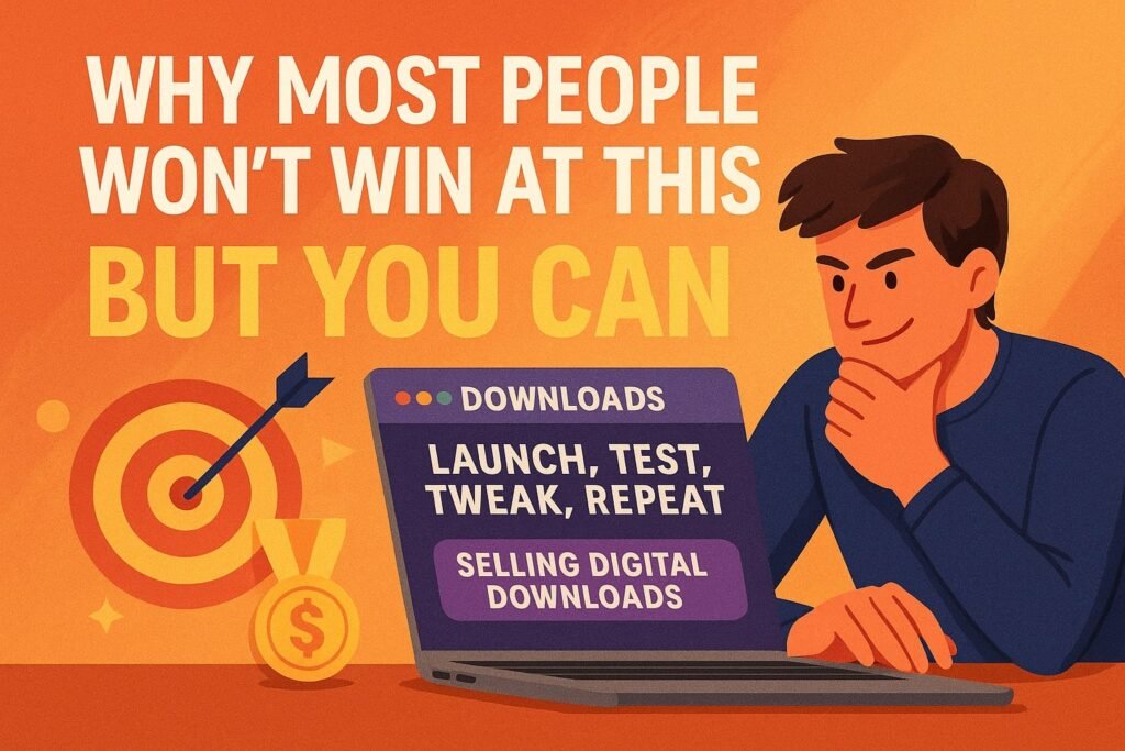 Illustration showing a determined person working on a laptop with the phrase “Why most people won’t win at this, but you can” and icons for digital downloads, execution, and targeting success