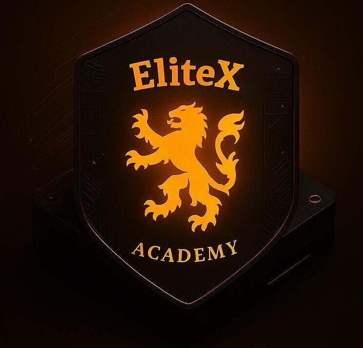 EliteX Academy mobile version badge glowing in a dark futuristic setting.